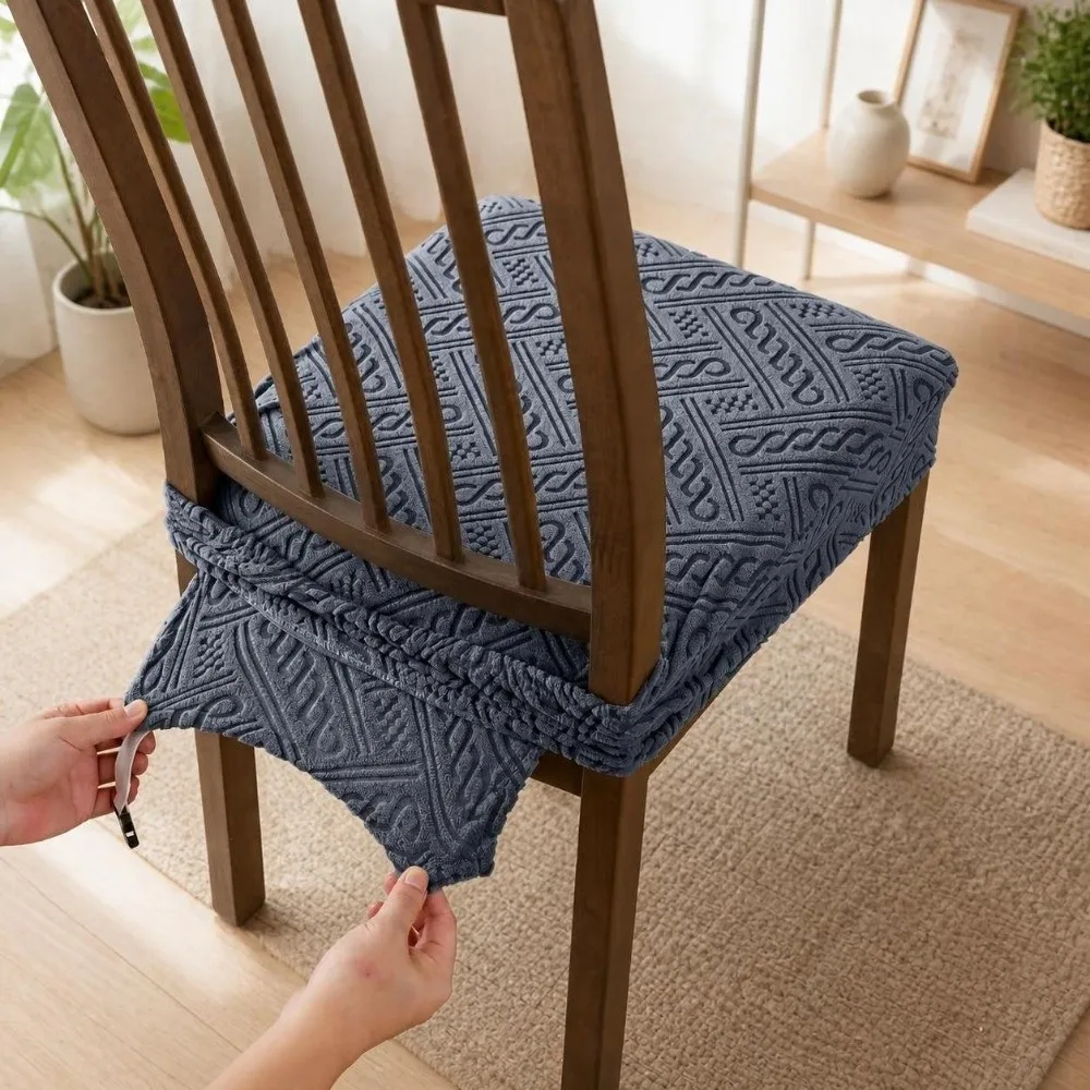 Non-Slip Jacquard Dining Chair Slipcover Solid Color Tongue and Buckle Elastic Chair Cover Anti-dirty Removable