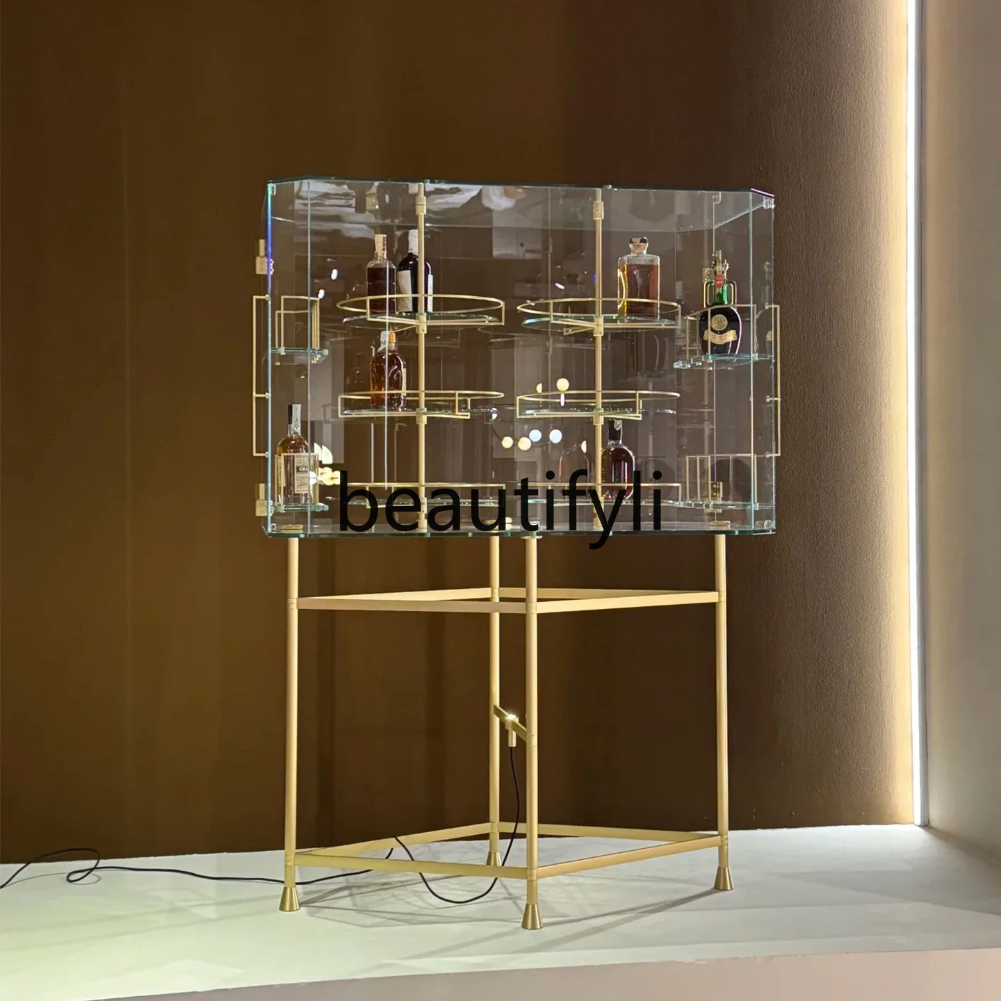 

z1xItalian light luxury glass display cabinet villa home double door design stainless steel storage function dining side cabinet