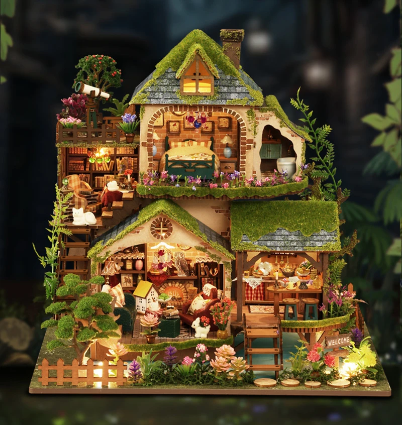 DIY Forest Castle Houten Poppenhuis Miniatuur Met Meubelset 3D Huis Monteer Speelgoed voor Kinderen Volwassen Verjaardagscadeau Casa
