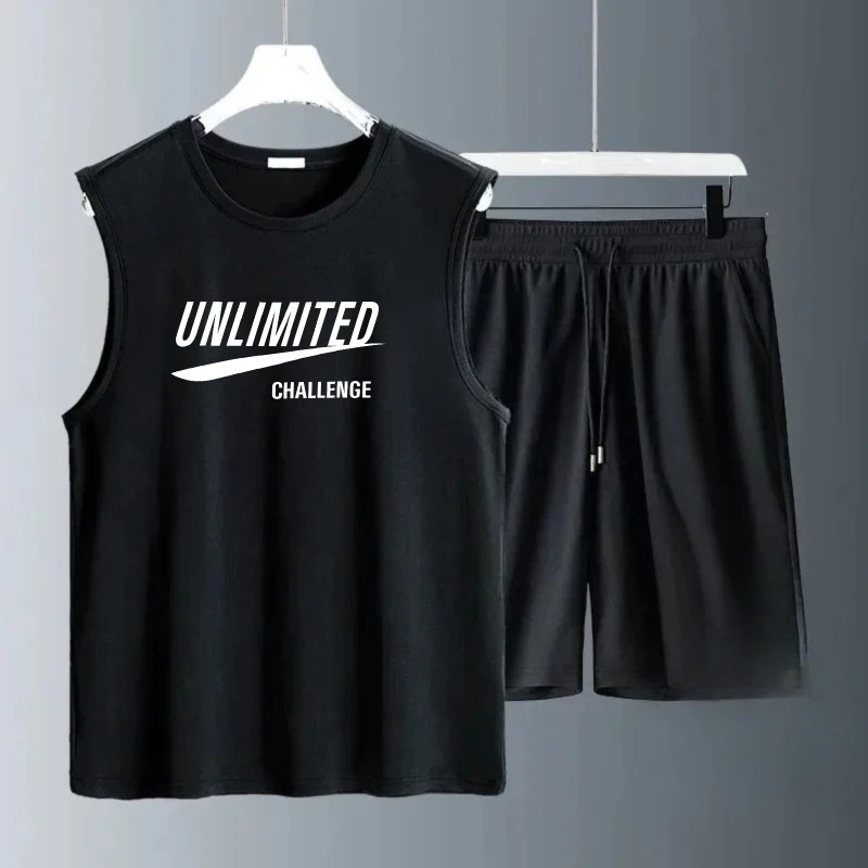 Men's Tank Top Sets 2026 Summer Quick drying sports oversize seaside running beach sweat suit crewneck training suit set men