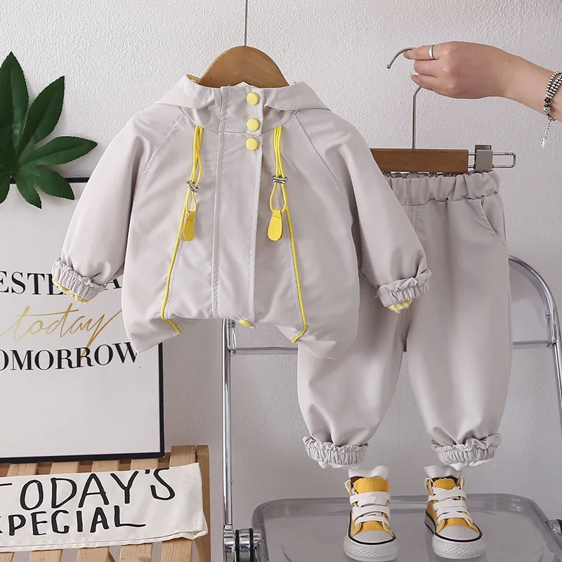 Korean Children’s Clothing 2026 New Spring Autumn Baby Boy Clothes 0-5 Years Solid Color Hooded Jackets and Pants Kids Tracksuit