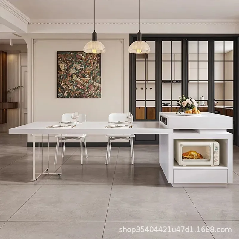 Cream Wind Rock Slab Island Dining Table Integrated Retractable Multi Functional Household Western Kitchen Guide Table Tea