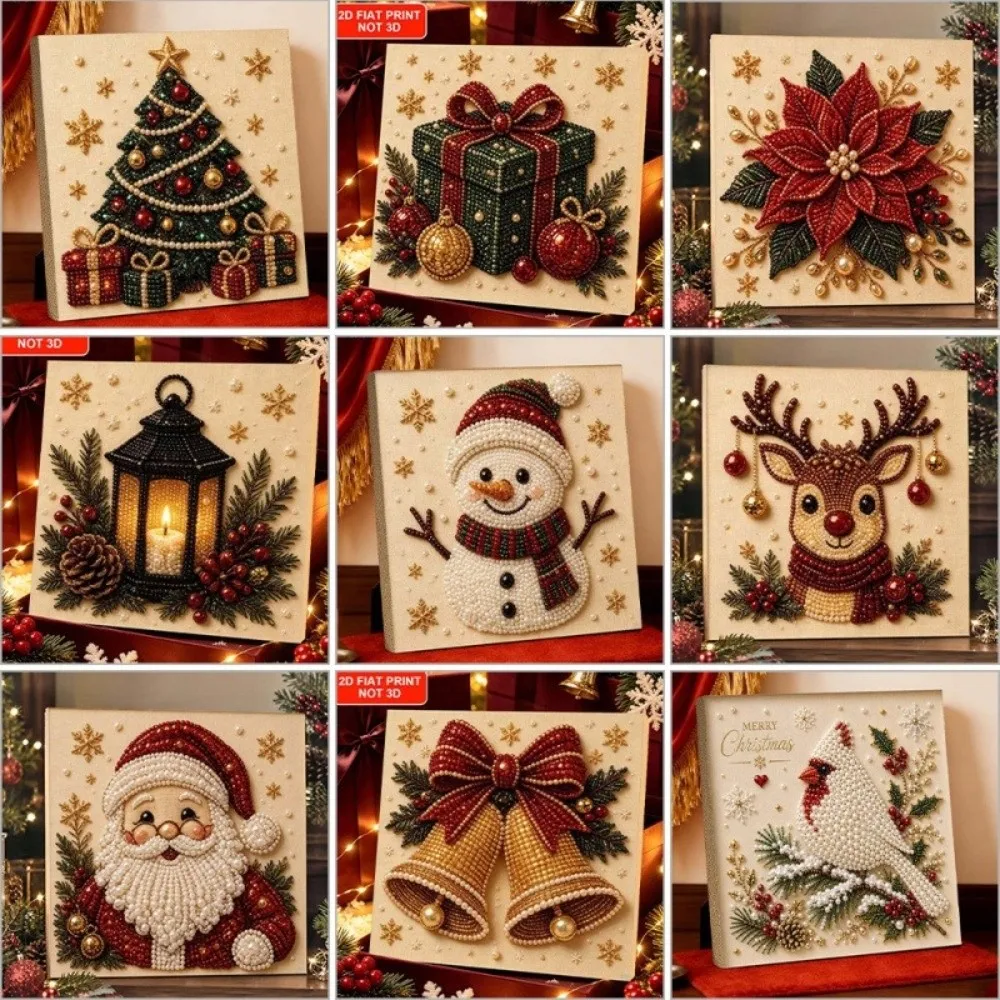 DIY Craft Kit Christmas Pearl Painting Canvas 2D Flat Christmas Wall Art Christmas Pattern Bead Art Kit Beaded Picture