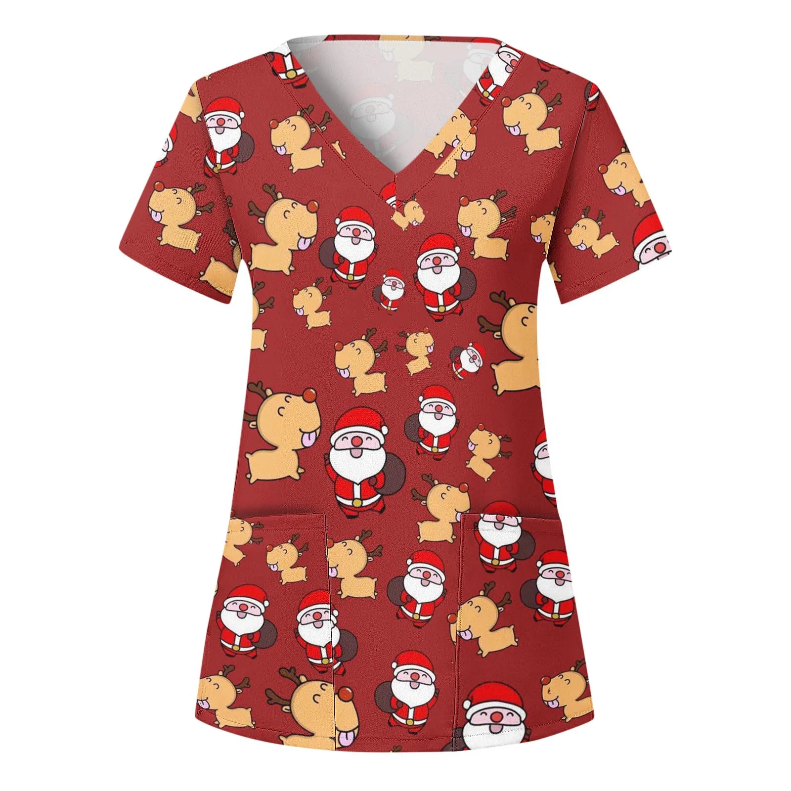 Surgical Uniforms Woman Christmas Moose Cartoon Supple Print Health Care Nurse Tops V-Neck Short Sleeve Clinical Uniform Woman