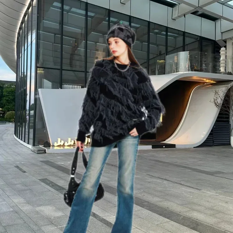 

American Retro Fringed Rough Sweater Autumn and Winter Tide Brand Niche Lazy Wind Couple Knitted Pullovers Oversized Sweater