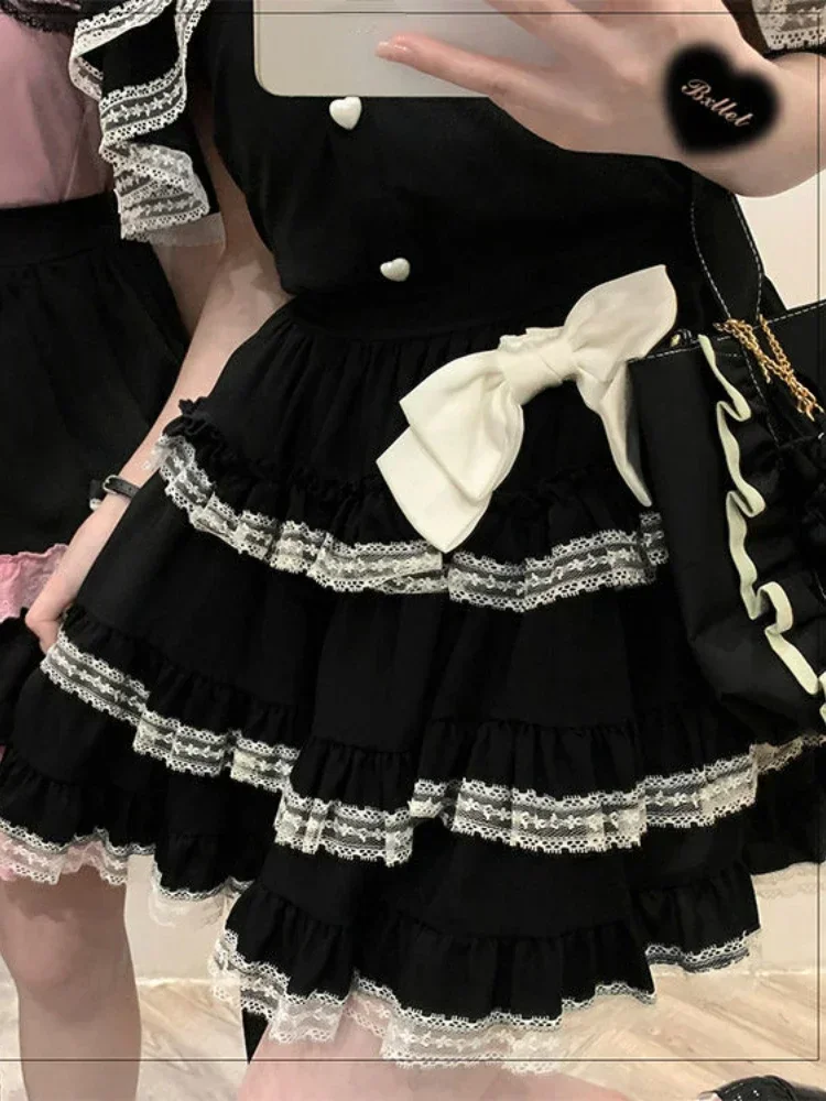 2024 Pink Lolita Gothic Y2k Skirt Women Black Lace Japanese Sweet Kawaii Skirt Female Retro Korean Style Party Mini Skirt Autumn