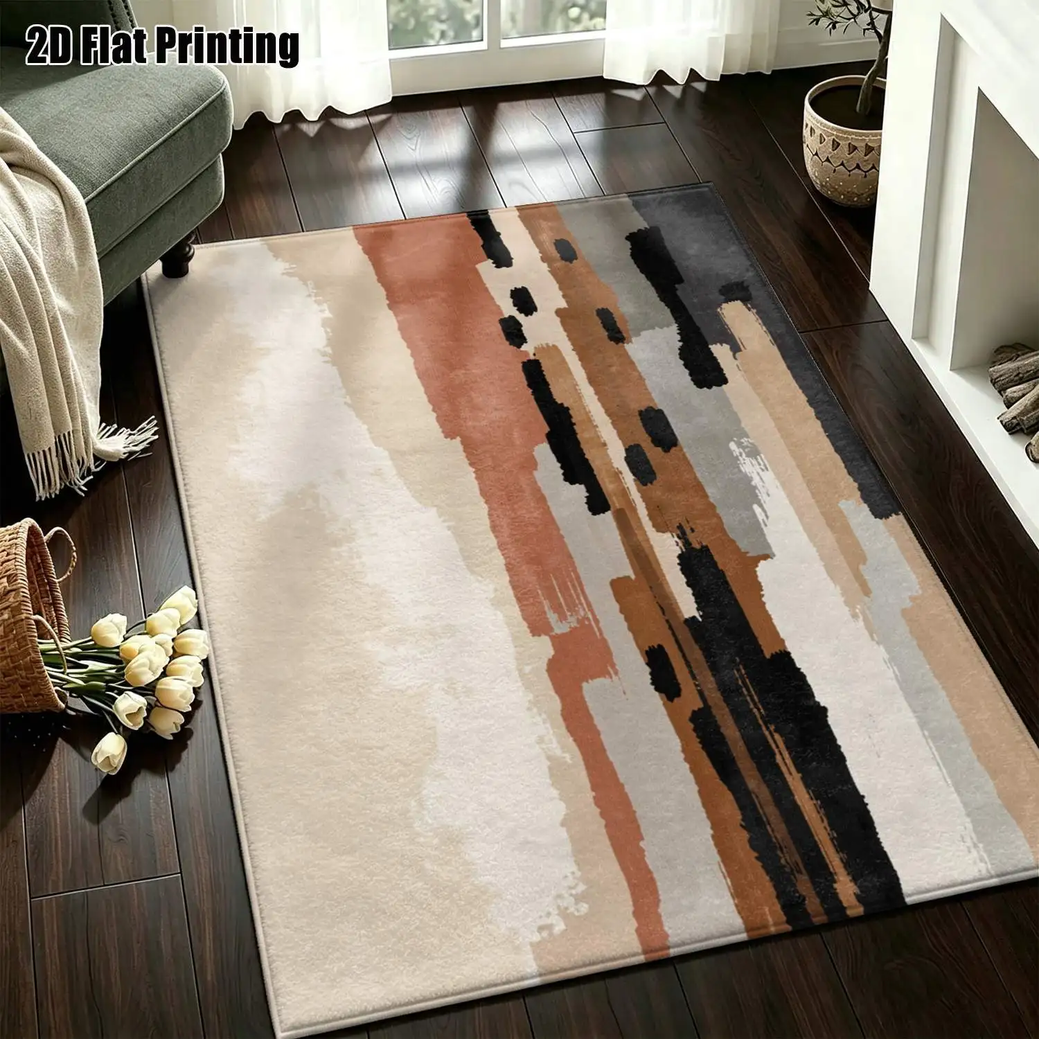 1Pc 2D Printed Carpet: Beige-Brown & Black Abstract Geometric Nordic/Instagram/Modern Minimalist/Vintage Floor Mat, Machine Washable, Multi-Size, Ideal for Home Decor Such as Entryway, Dining Room, Foyer, Living Room, Bedroom