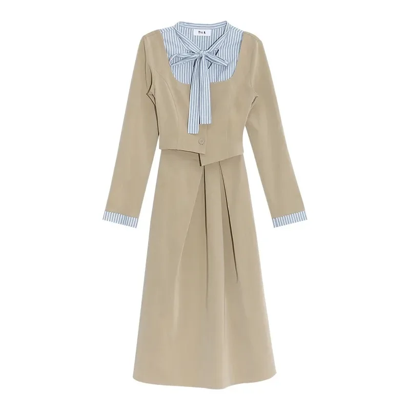 Women's Elegant Intellectual Temperament Commuting Lace-up Splicing Dress Spring Autumn New Fake Two-piece Skirt