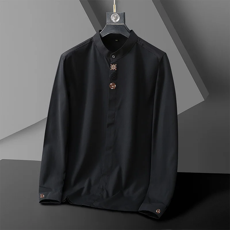 L-10XL 플러스 사이즈 남성 셔츠 루즈 만다린 칼라 긴 소매 셔츠 자수 화이트 블랙 탑 캐주얼 오버 사이즈 남성 의류