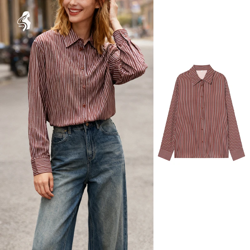 Lockeres, schlankes, gestreiftes Damenhemd mit Umlegekragen, langen Ärmeln, einreihig, elegantes und vielseitiges Alltagsoberteil für Damen