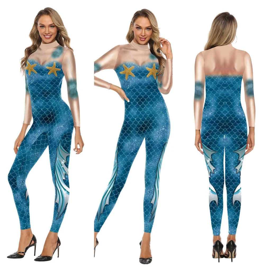 

Women Animals Fish Mermaid 3D Printed Jumpsuit Punk Style Halloween Cosplay Costume