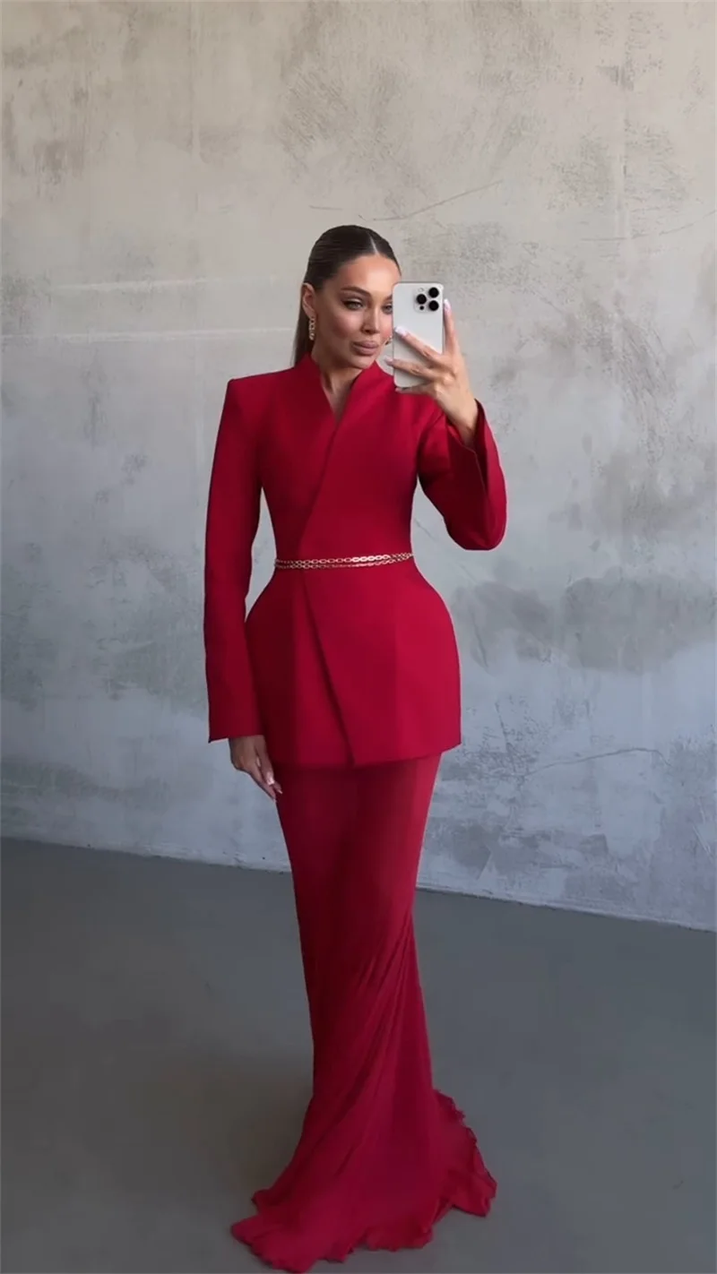 

Red Blazer and Mermaid Maxi Skirt Set, Chain Belted, Tailored Formal Outfit for Women, Elegant Slim Fit High Waist Party Dress