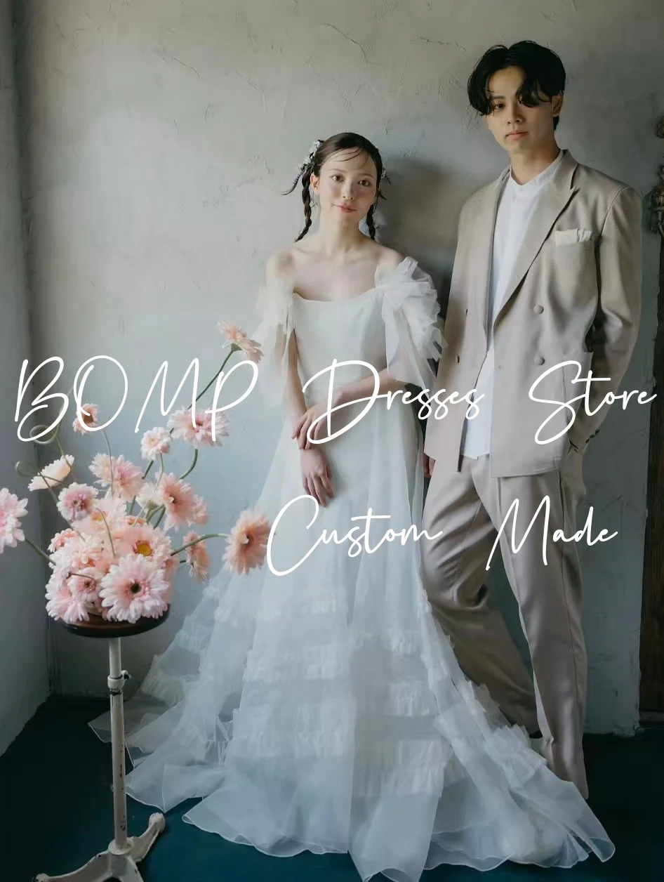 

BOMP Lovely White Wedding Party Dress Sweetheart Puff Sleeves Backless Organza Korea Photo Shoot Bridal Gown Custom 웨딩드레스