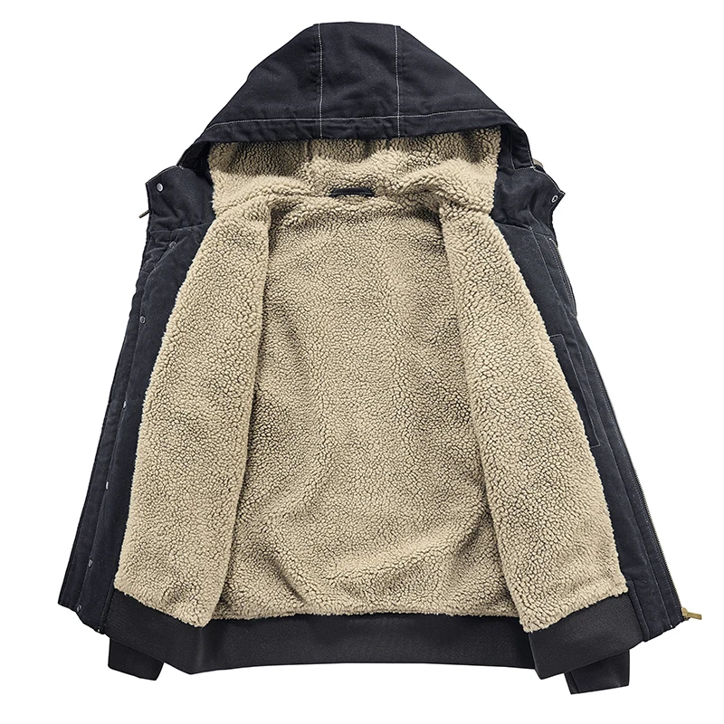 Men's Casual Cotton Jacket Winter Warm Lined with Lamb Wool, Hooded Thick Coat with Large Pockets, Ribbed Hem Comfortable