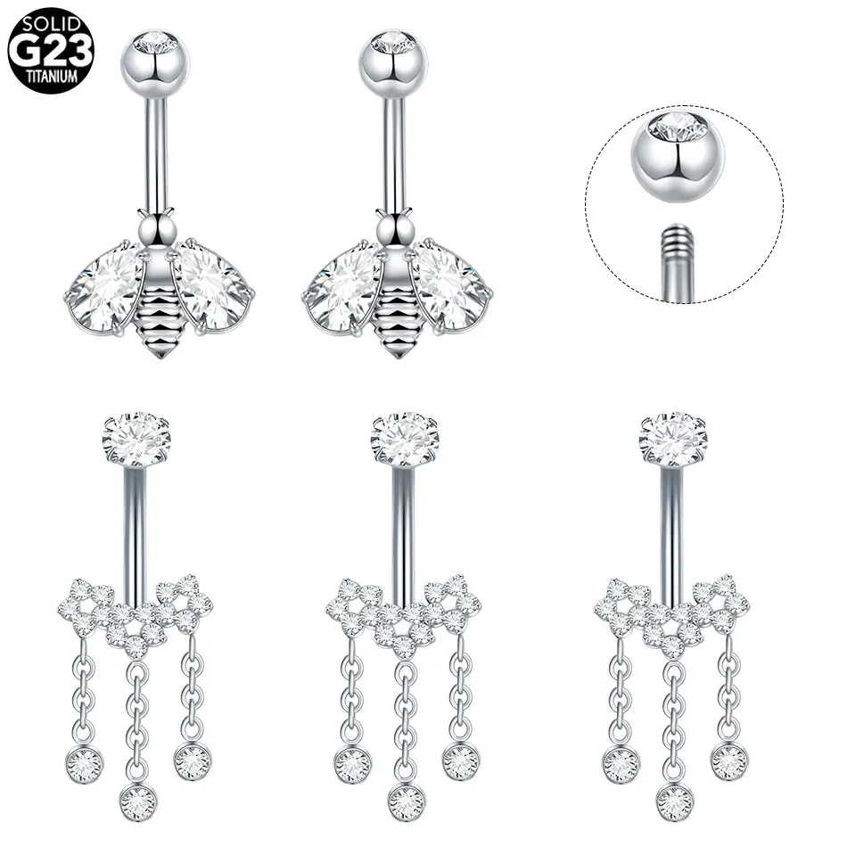 1/5PCS Dangled Tassel Belly Button Rings Titanium 14G Bar Navel Piercing Ring Crystal CZ Bee Flower Belly Ring Ear Jewelry Gifts