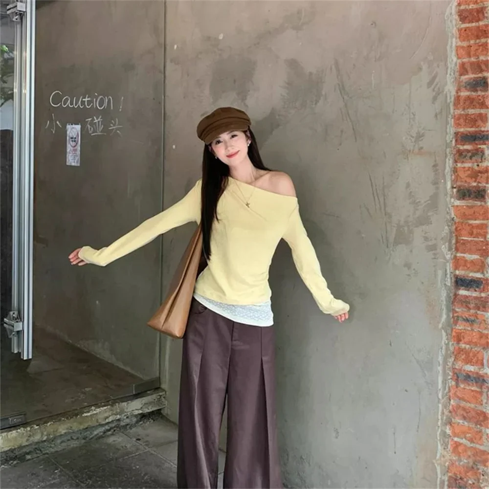 Желтые кружевные футболки, женские футболки из двух предметов с длинными рукавами, ранняя осень, модный дизайн, винтажная футболка из модала, женские топы