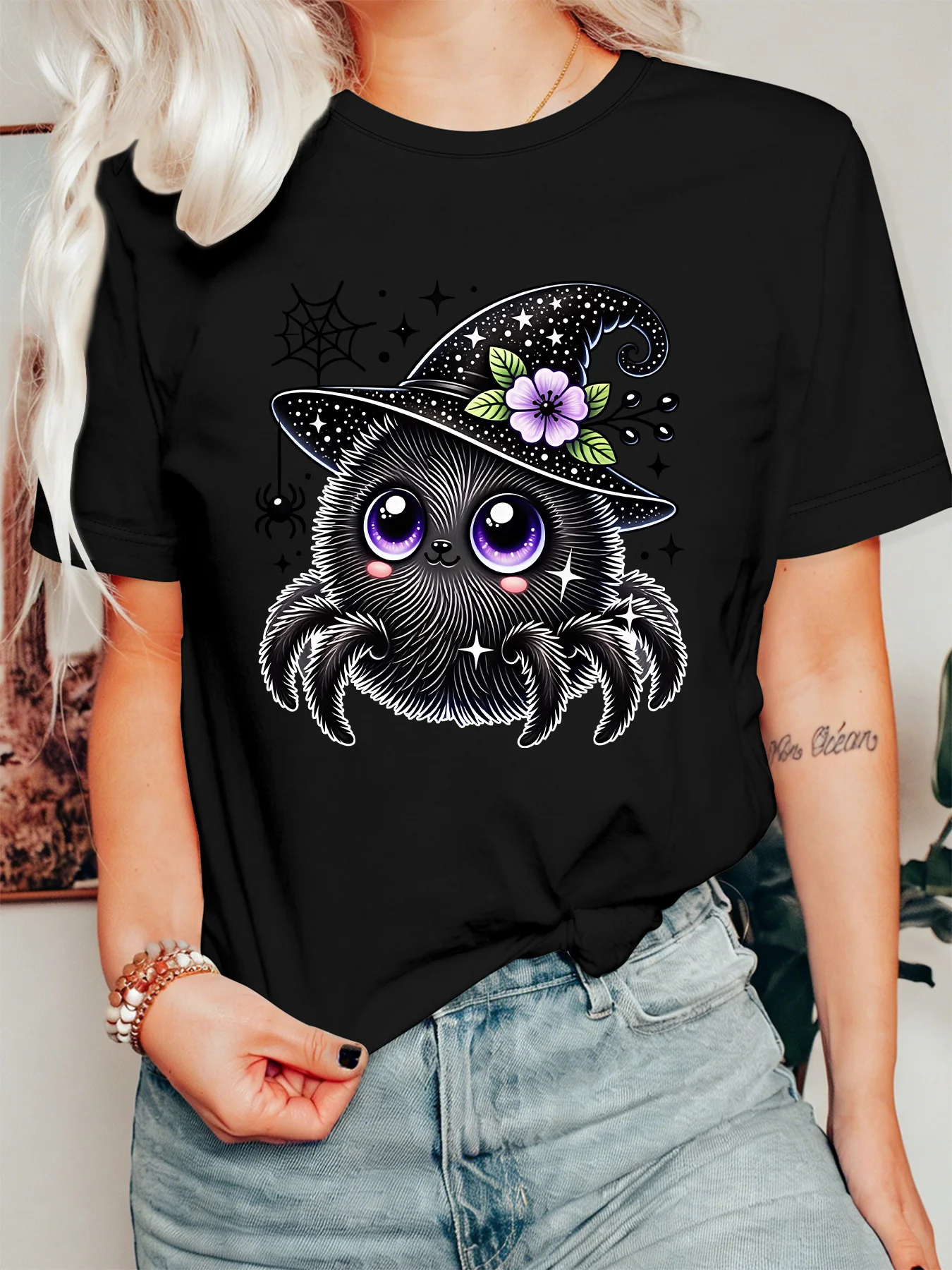 Fall Womens T Shirt Adorable Fluffy Spider Witch Hat Spiderweb Floral Graphic Short Sleeve O Neck Halloween Holiday Party Tops