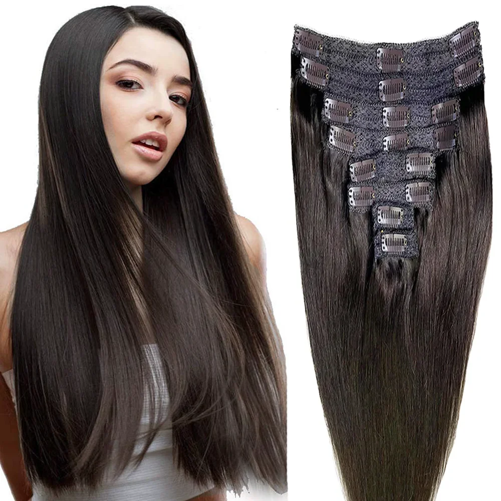 

Clip In Hair Extensions Double Weft 120g 8pcs Thick Straight Real Human Hair 16-26inches #2 clip ins Hair Extensions for Woman