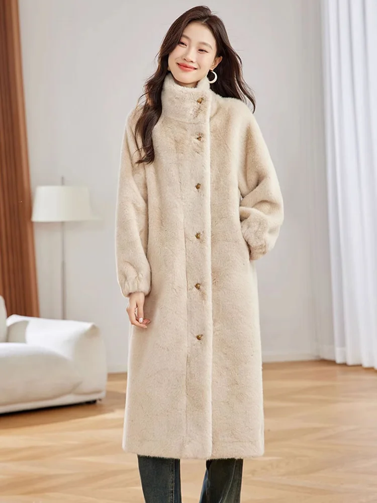 New Women Autumn Winter Thick Overcoat Fashion Stand Collar Single Breasted Wide-waisted Long Coat Casual Loose Warm Coat