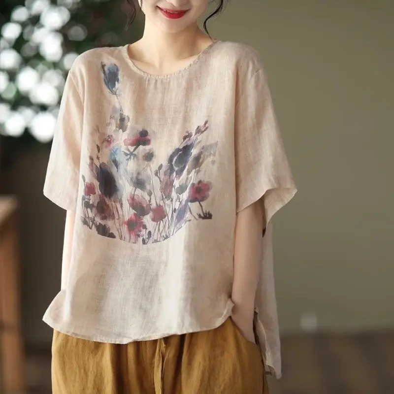 Women Summer Simplicity Loose Elegant Printing Cotton and Linen O-neck Short Sleeve T-Shirt Ladies Casual Appear Thin Top Tee