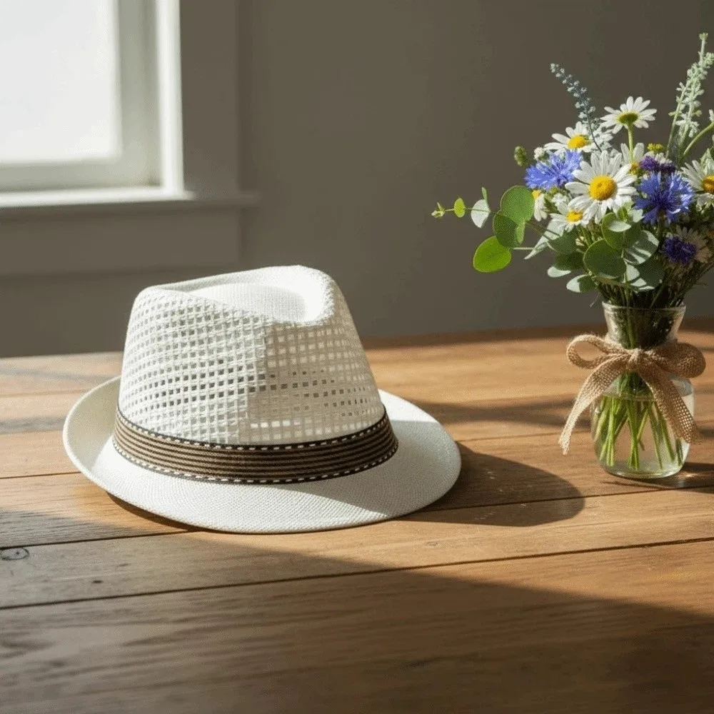 Short Brim Men Panama Hat Breathable Hollow Out Woven Straw Hat Lightweight Sunshade Topi Vacation Beach Cap Fashion Show view 3