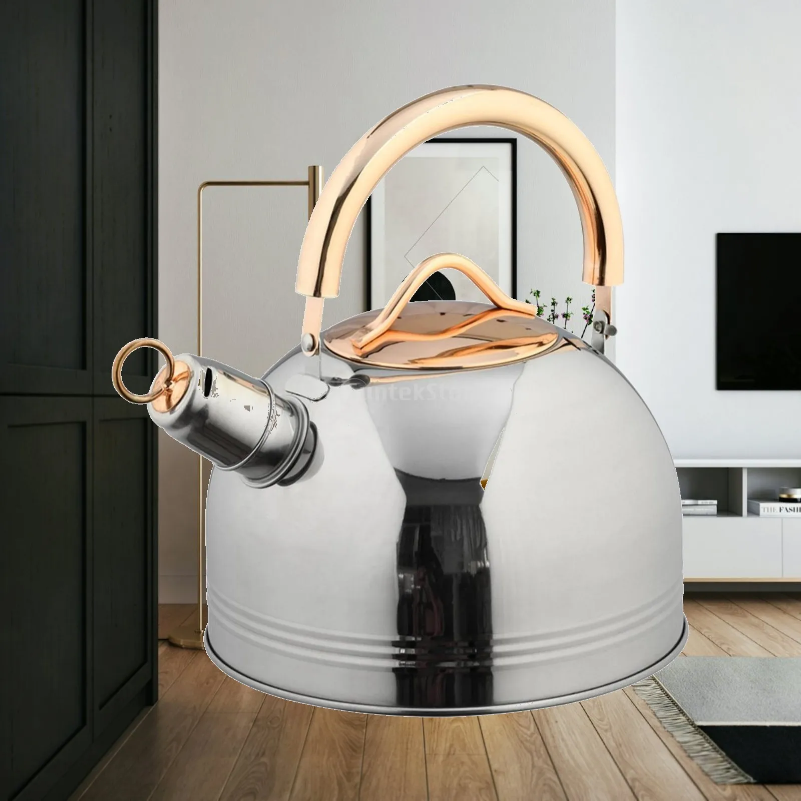 Polished Steel Whistling Tea Kettle for Stovetop 3 Liter Dome Shape Non Electric Coffee Water Boiler
