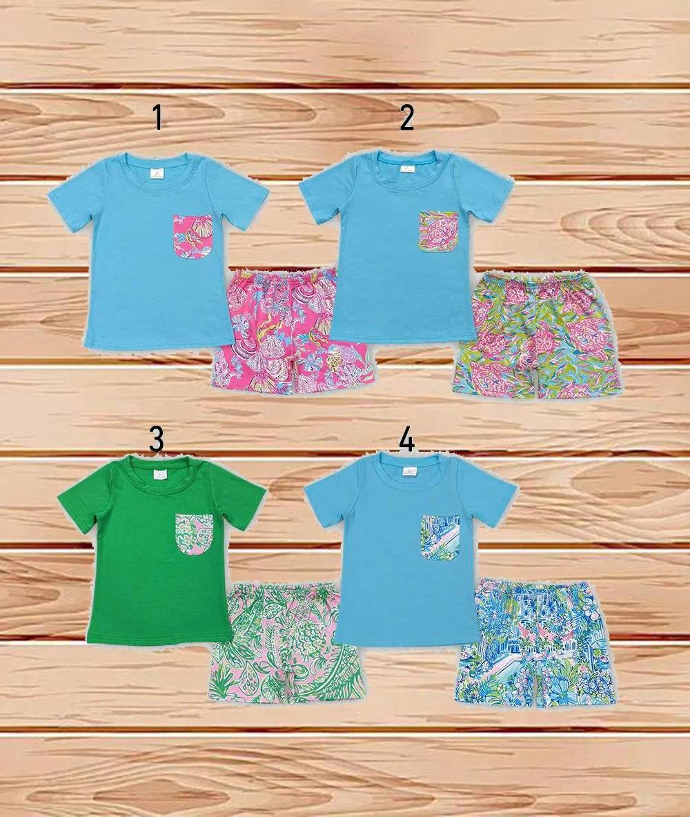 

4.4 Wholesale Western Boutique children clothing Sibling Baby Boys Pocket Tee Shirts Tops Sea Shorts Outfits