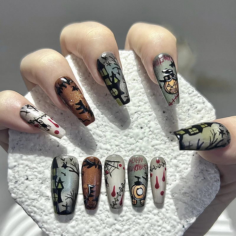 

10 Pieces Halloween Party Handmade Press On Nails Pumpkin Spider Castle Cat Eye Art Fake Nails Removable Reusable