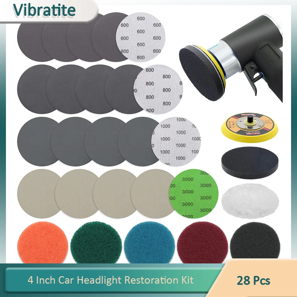 

Car Headlight Restoration Kit 4 Inch Car Polishing Sanding Discs with Backer Scouring Pads Soft Interface Pad Woolen Buffer 28PC