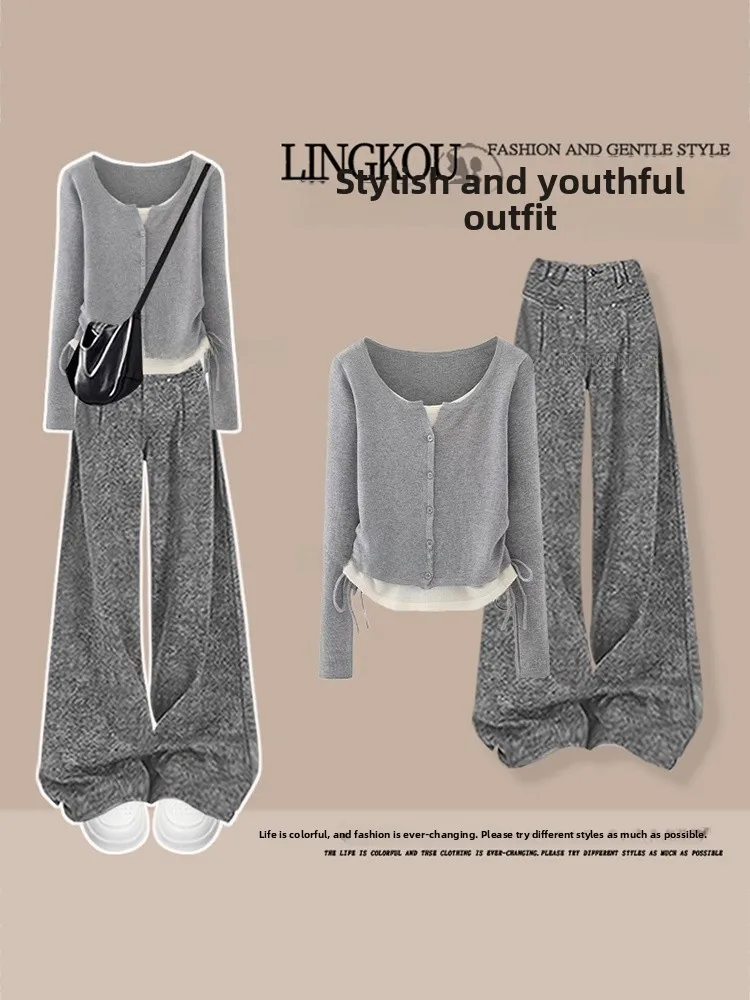 

Fashionable Knitted Wide Leg Pants Set for Women Early Autumn Casual Style High Waist Drawstring Top And Bottoms Two-Piece Set