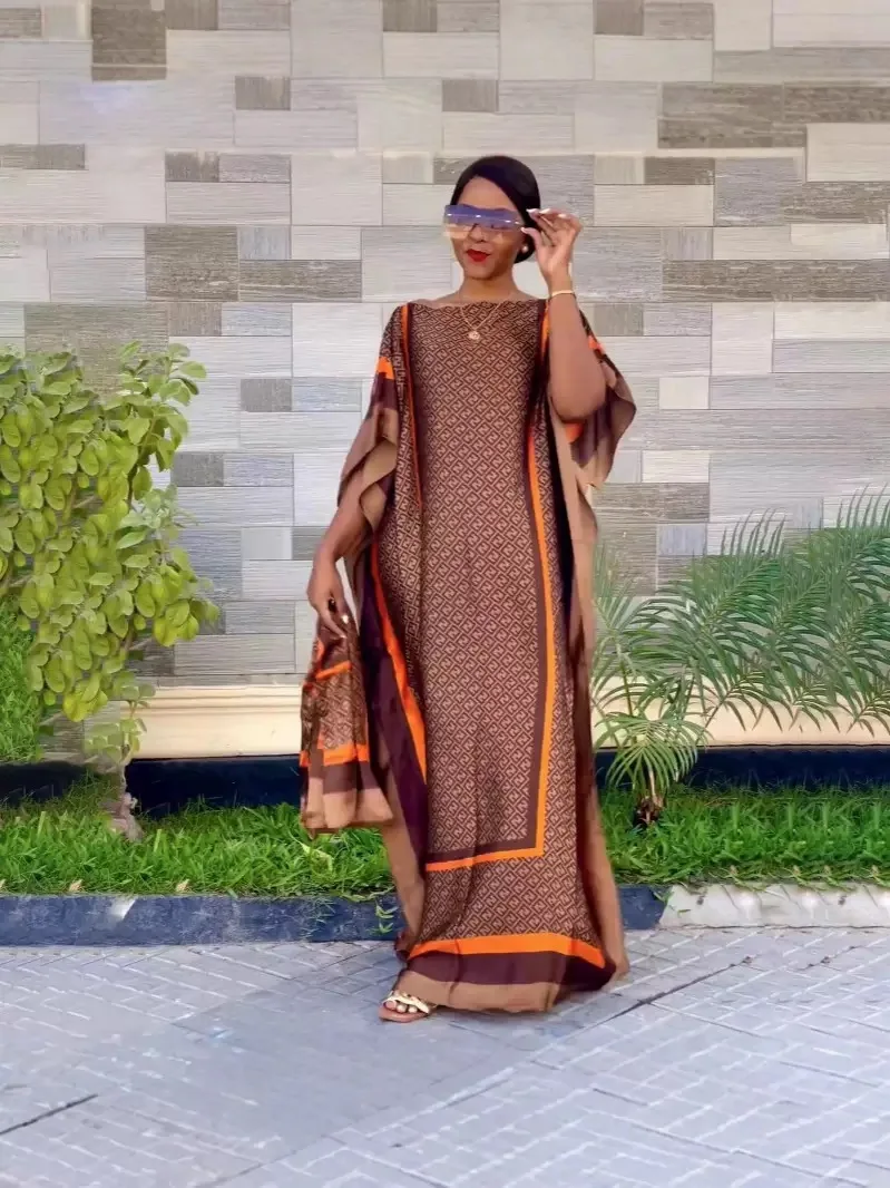 2023 New Style Fashion Oversize African Women Clothing Dubai Dashiki Abaya Free Size Print Design With Scarf Loose Long Dress