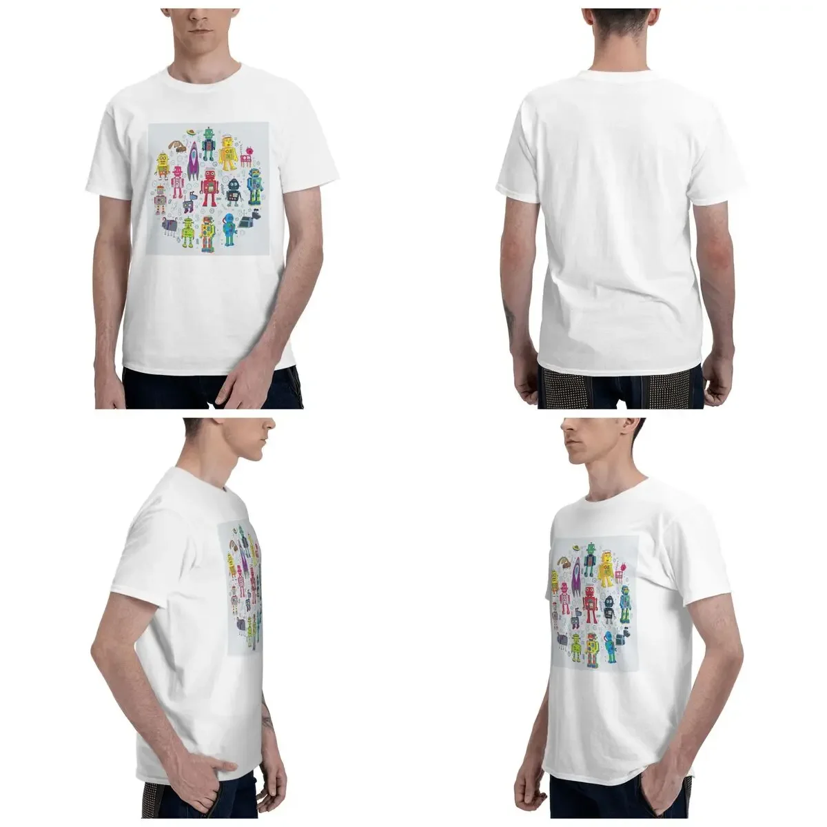 Robots In Space Grey Fun Robot Pattern By Cecca Designs 100% Cotton T-Shirt Men'sClassic T Shirts Men Crew Neck Short Sleeve
