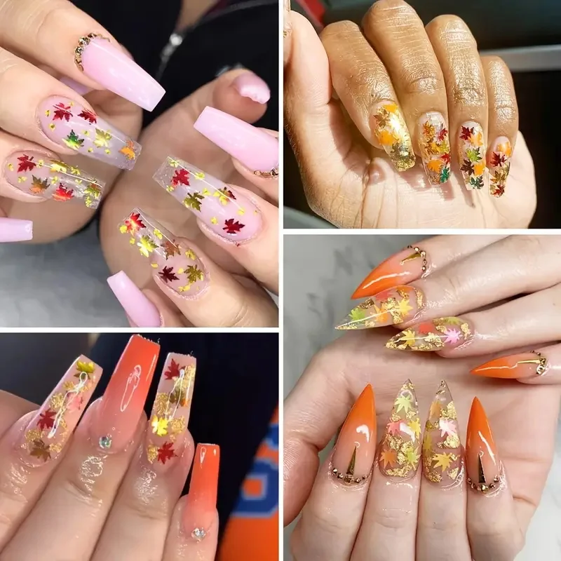 12 unids/set láser dorado colores mezclados hojas de otoño Paillettes decoración de uñas hoja de arce en forma de lentejuelas para uñas DIY manicura decoraciones brillantes *