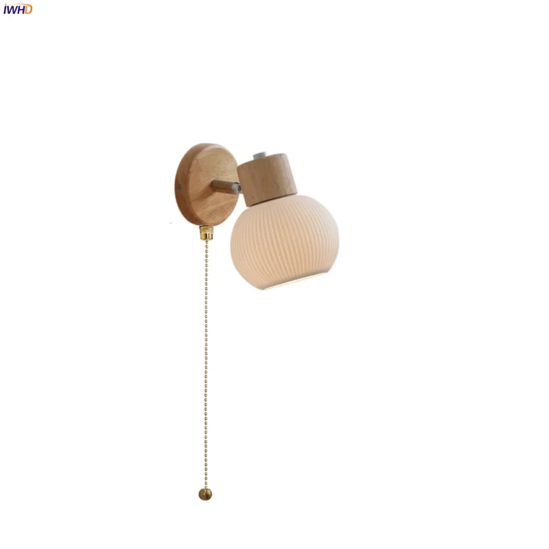 IWHD White Ceramic LED Wall Lights Bedroom Porch Aisle Pull Chain Switch Nordic Modern Wood Base Bedside Lamp Lamparas De Pared