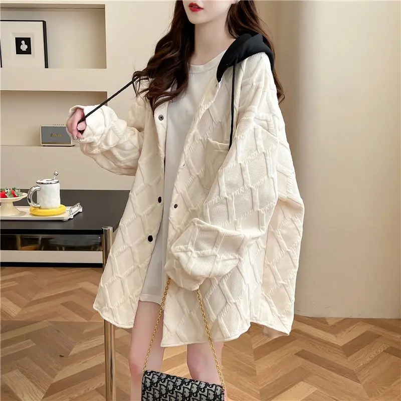 Fashion Jacquard Hooded Sweatshirt for Women Long Sleeve Loose Plaid Button Cardigan Hoodies Casual Patchwork Outwear Coat Tops