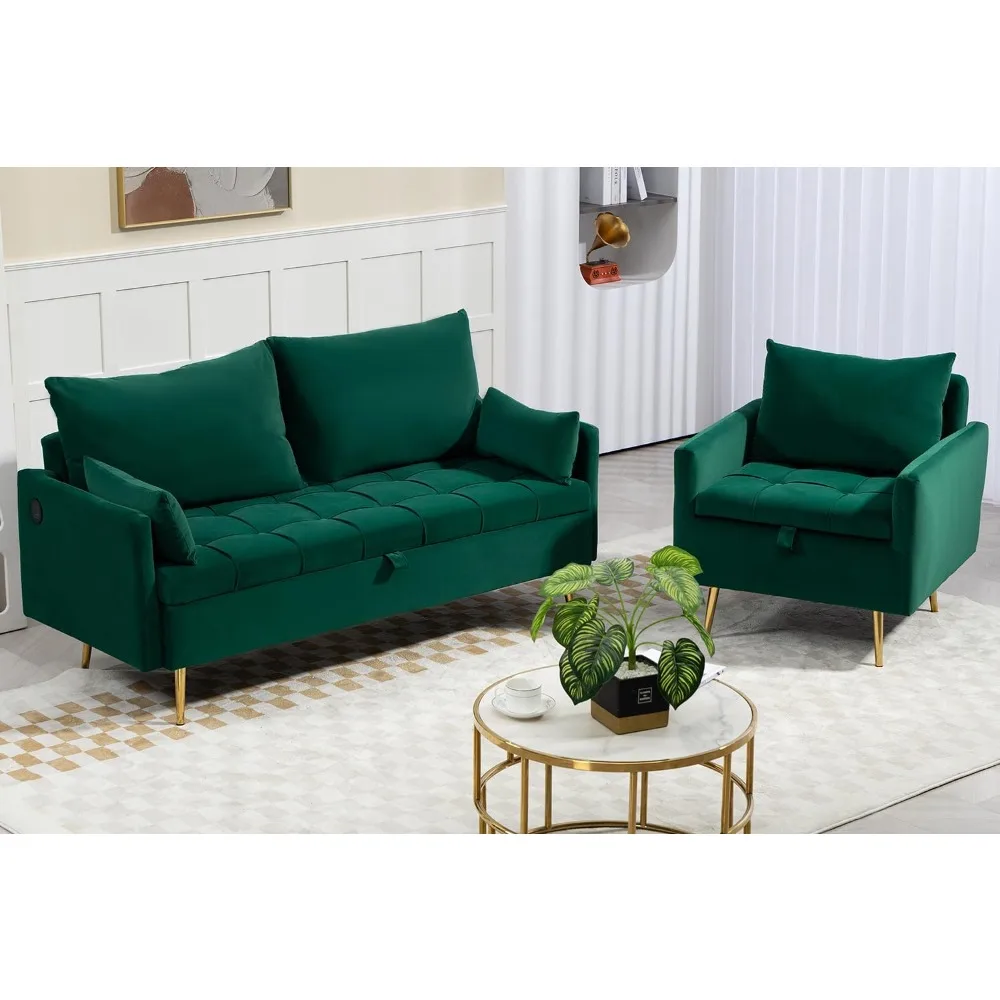 "Juego de sofás de 2 piezas: sofá de dos plazas y silla de mediados de siglo con patas de metal, respaldo suave para sala de estar/dormitorio"