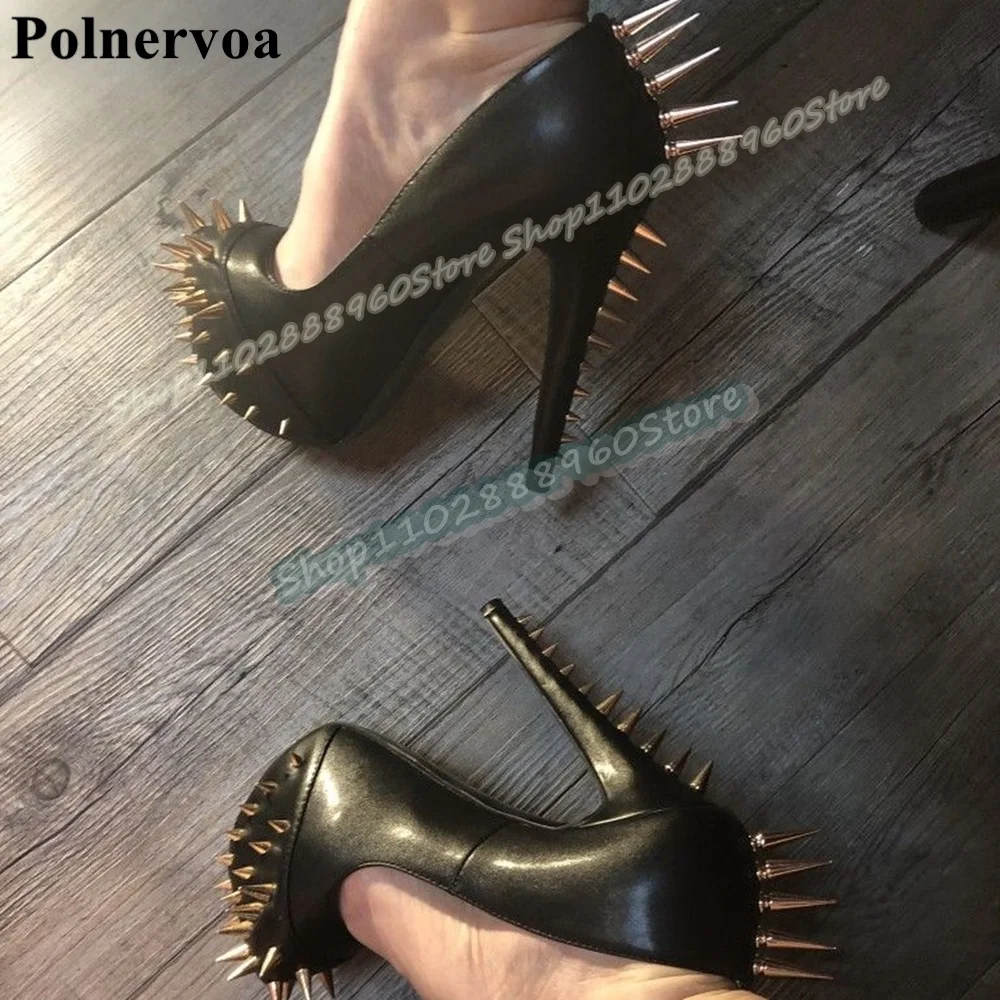 

Sexy Black Shallow Metal Rivets Platform Pumps Thin High Heel Women Shoes Slip On Pointed Toe 2026 Fashion Zapatos Para Mujere