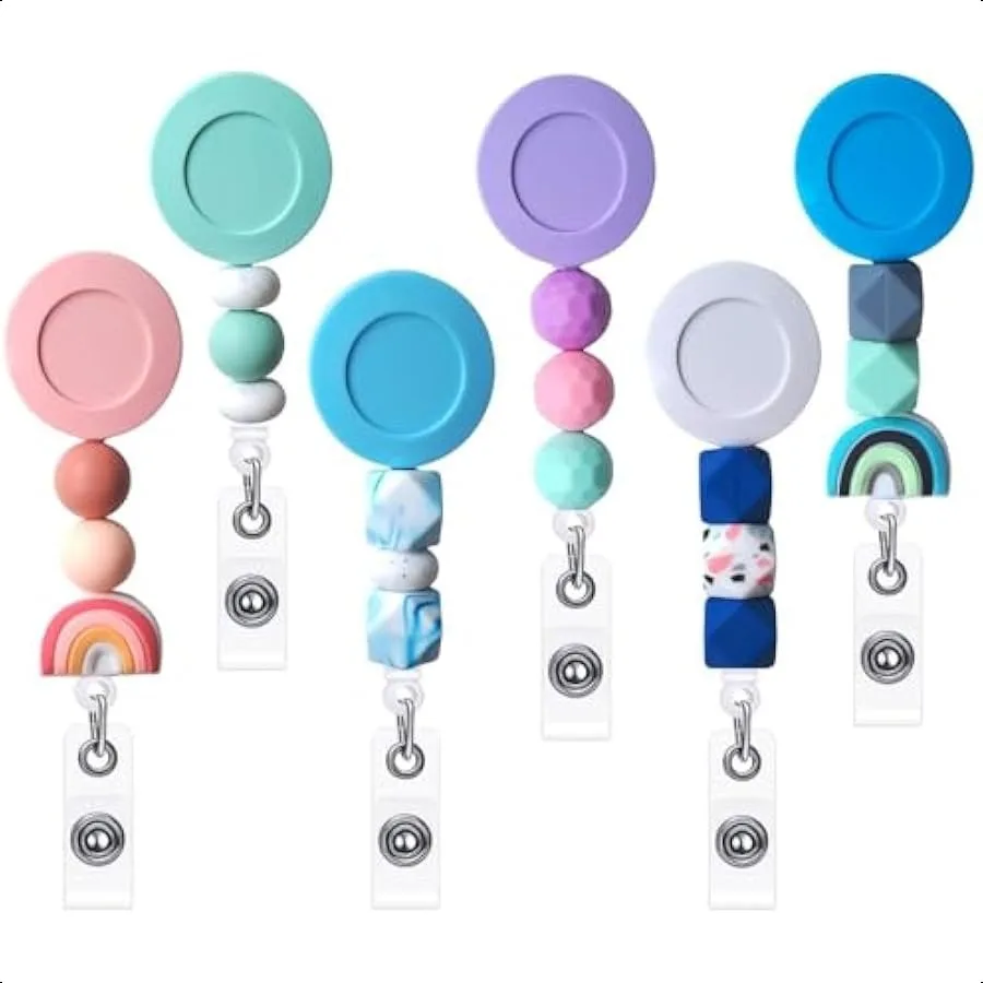 

6PC Cute Bead Badge Reels Silicone Beads Retractable Alligator ID Name Clips Holder Pack for Pediatric Teacher Nursing Pink Gr