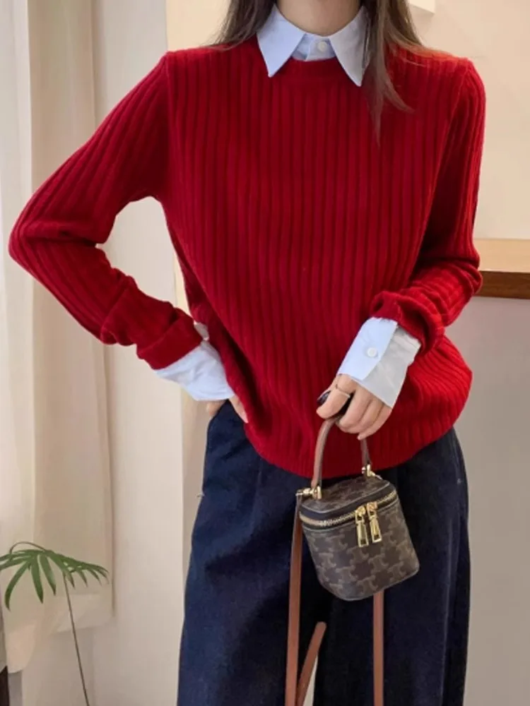 

Loose Long Sve Knitted Ne Pullover Korean Sle Color Blo Slimming Base Layer Top Women's Spring Faion Sweater