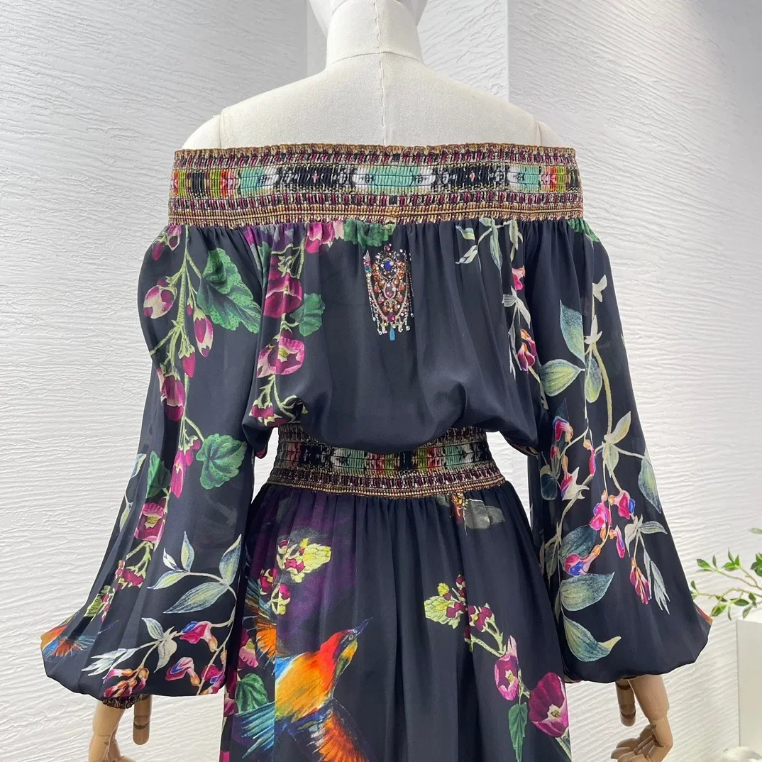 Vestido midi de seda con hombros descubiertos prensado Primavera Verano 2024 Diamantes de manga larga con estampado floral negro