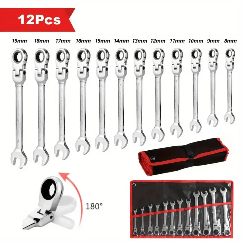 12-Piece 3-Piece Flex-Head Wrench Set, Ratcheting Combination Set, Metric 8-19mm, 72-Teeth,Cr-V Steel Ratchet Wrenches Set with Bag