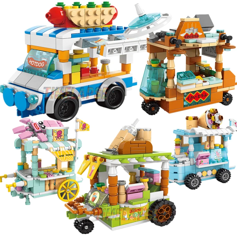 DIY Architecture Ice Cream Car Store Street View Food Building Blocks Kit Girls Bricks Classic Movie Model Kid Toys For Children