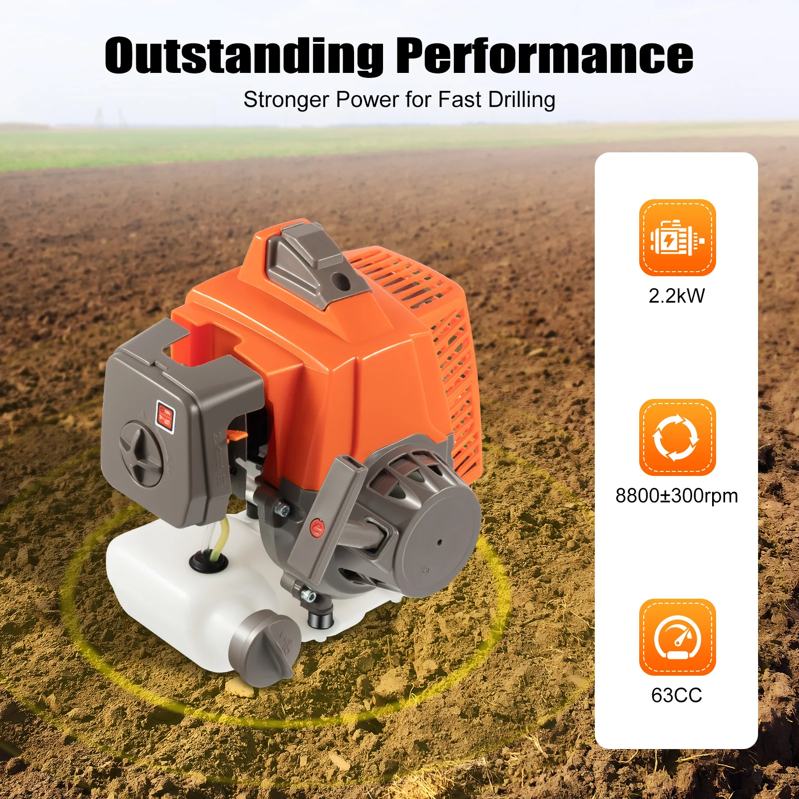 Heavy Duty 63CC 2-Stroke Gasoline Post Hole Digger, High Efficiency Earth Auger Ground Drill Borer for Garden Yard Fence Constru