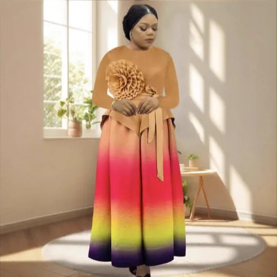 ミヤケプリーツツーピースセット グラデーションフルスリーブ エレガントトップス + フォールドAラインスカート レディース 2025新作 高級パーティードレス