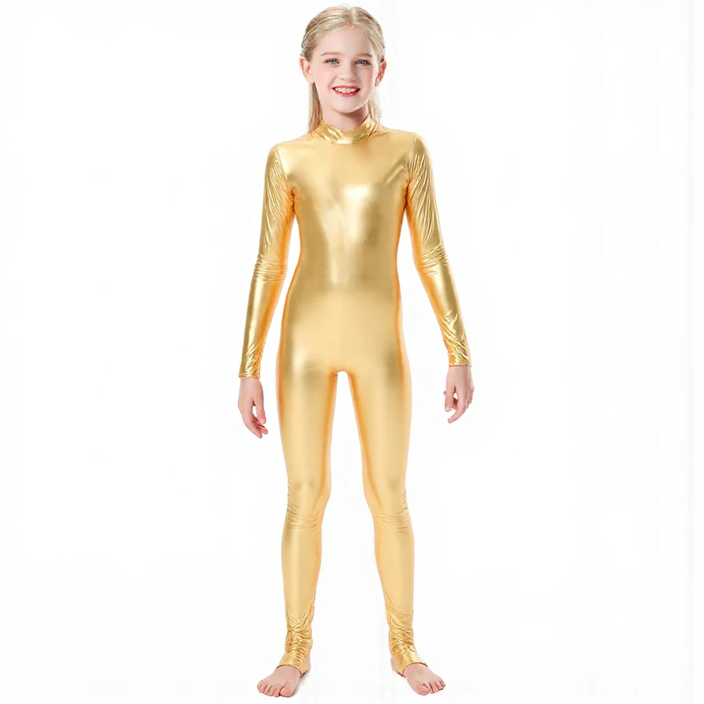 

OVIGILY Girls Shiny Metallic Unitard Stirrups Children Long Sleeve Gymnastics Leotard Dancewear Stage Performance Costumes
