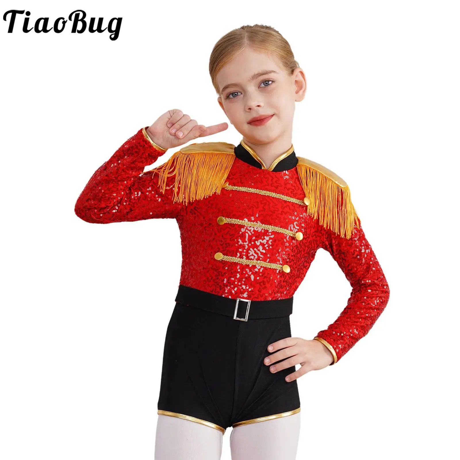

Kids Girls Halloween Circus Ringmaster Costume Long Sleeve Fringe Tassel Epaulet Jumpsuit Sequins Lion Tamer Durm Band Dresses
