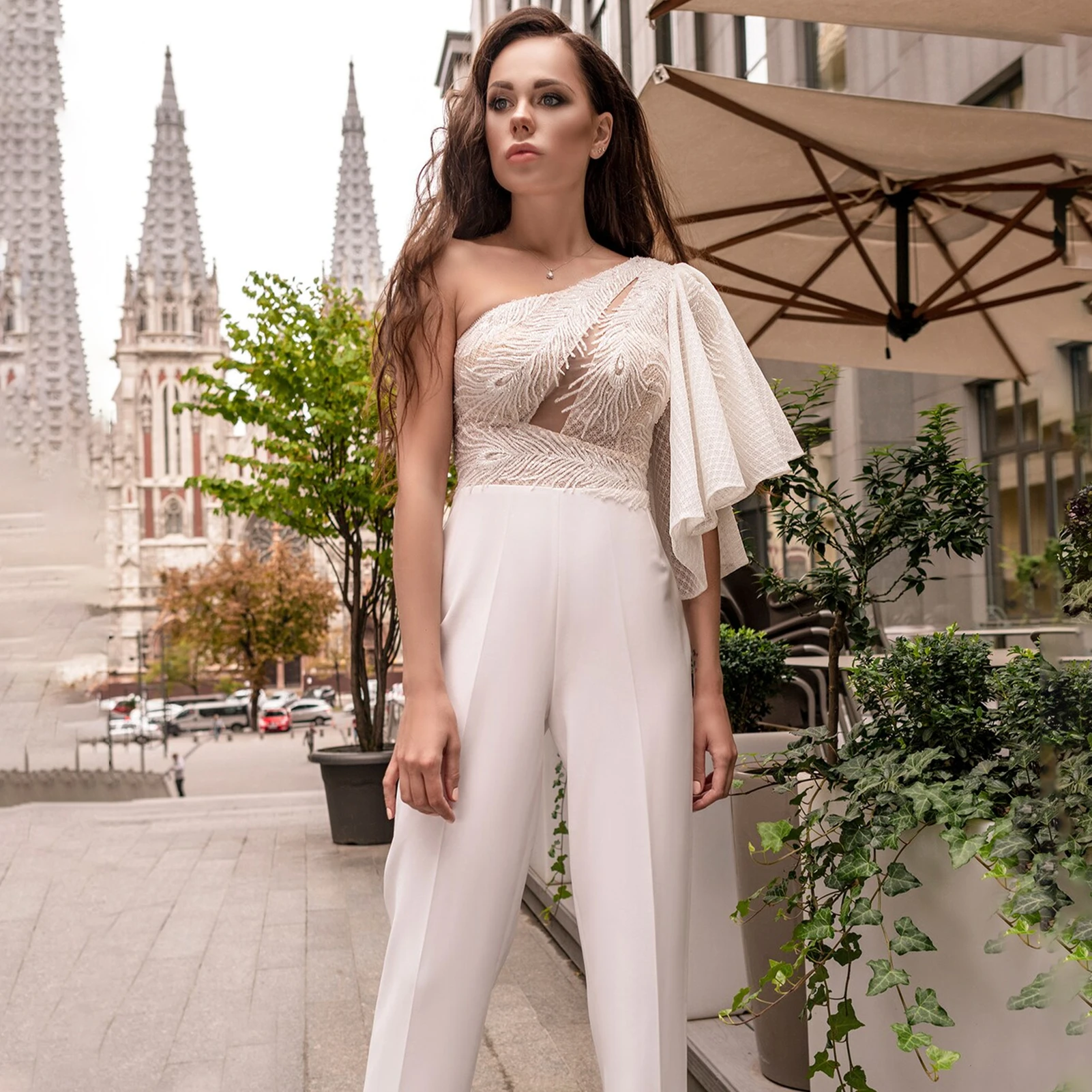 Bohemian One-Shoulder Pants Suit Wedding Dress Boho Jumpsuits Elegant Lace Custom Bridal Wear Bride Gown Vestido De Novia