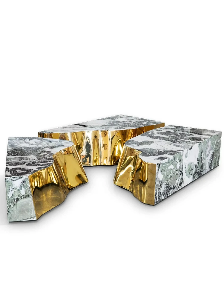 Unique modern marble textured coffee table polished brass modular design living room center table