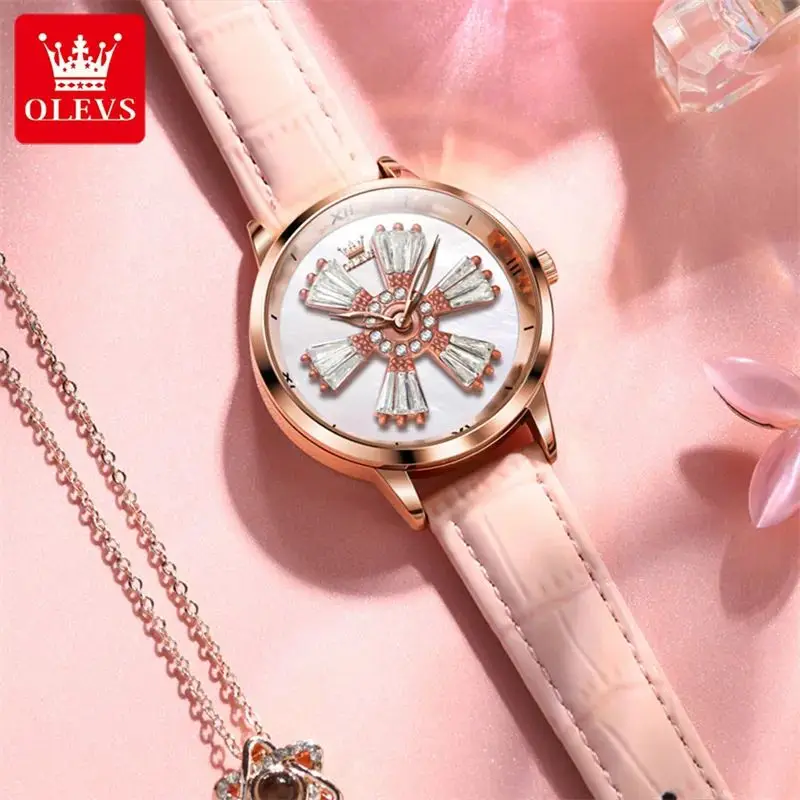 OLEVS 5579 New In Rotation Dial Quartz Watch for Women Leather Strap Fashion Elegant Ladies Wristwatches Luxury Girls Dress Set