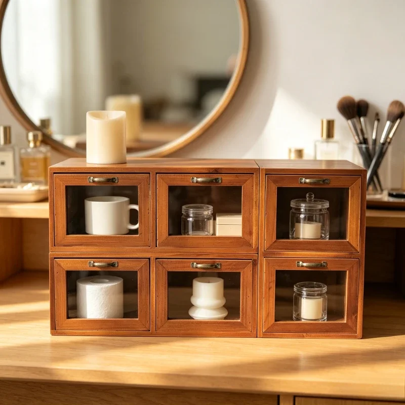 Wooden Glass Drawer Storage Cabinet Desktop Organizer for Cosmetics Lipstick Jewelry Cup Retro Visible Tabletop Storage Rack